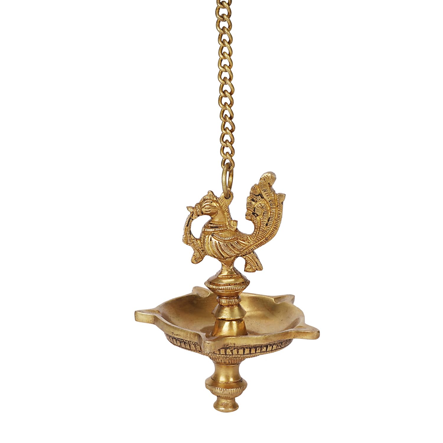 Artvarko Brass Traditional Peacock 5 Wick Peacock Bird Design Diya with Hanging Chain Length 16 Inch