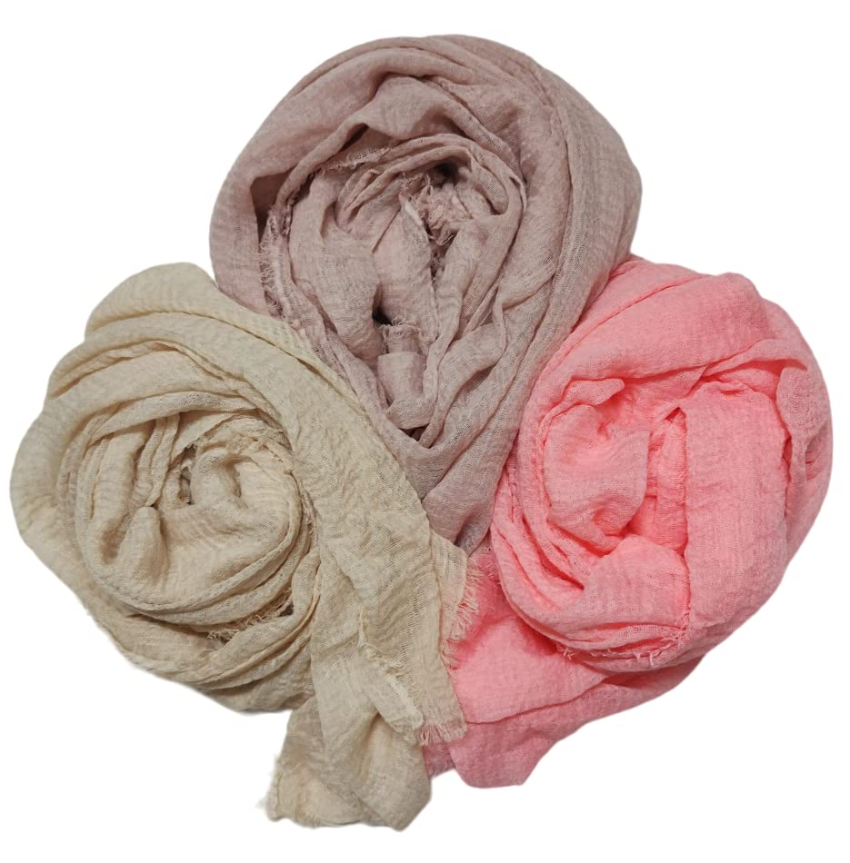 IBA ISBA COLLECTIONS Women's Crinkle Cotton Scarf, Stoles, Hijab (80 x 190 Cms) (Combo3units)