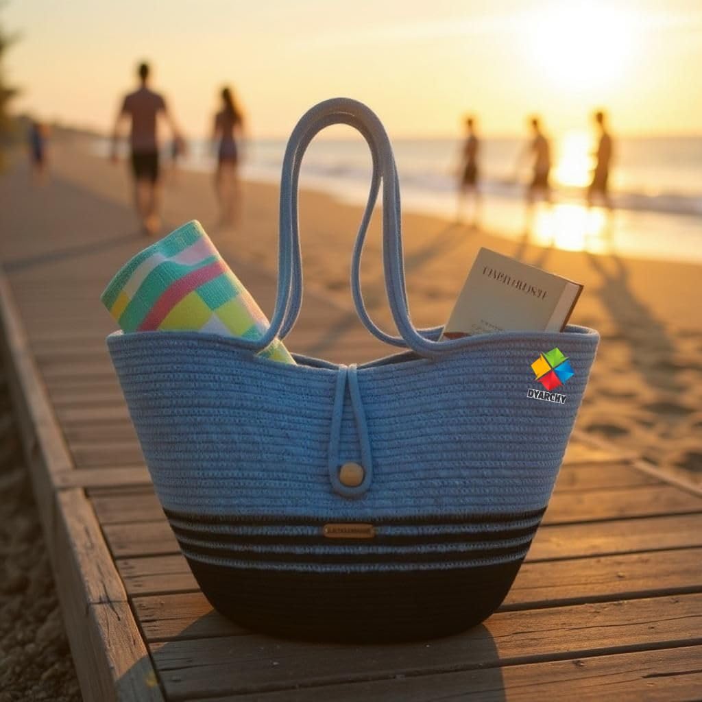DYARCHY Woven Straw Beach Tote Bag, Cotton Rope Handle with Button Closure (SKY DARK BLUE)