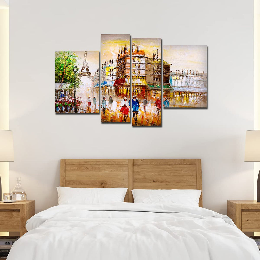 VIBECRAFTS Beautiful Street View Of Paris 4 Pieces Canvas Wall Painting Fitted With Wooden Frame For Home | Office | Living Room | Gifts (PTVC4Pcs2_14501)