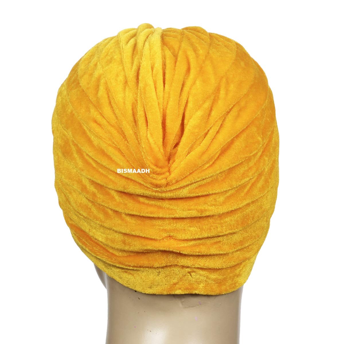 BISMAADH Velvet Soft Pleated Pre Tied Knot Readymade Turban/Pagri Head Wraps for Men & Women Yellow