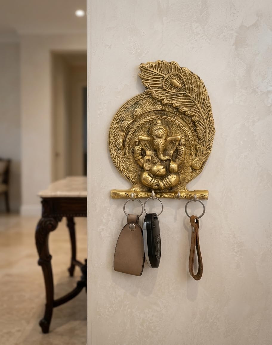 KridayKraft Aluminium Ganesha Pankhi Key Holder, Decorative Wall Mounted Key Hanger for Home & Office Entrance, Gold Finish, 18 cm x 14 cm