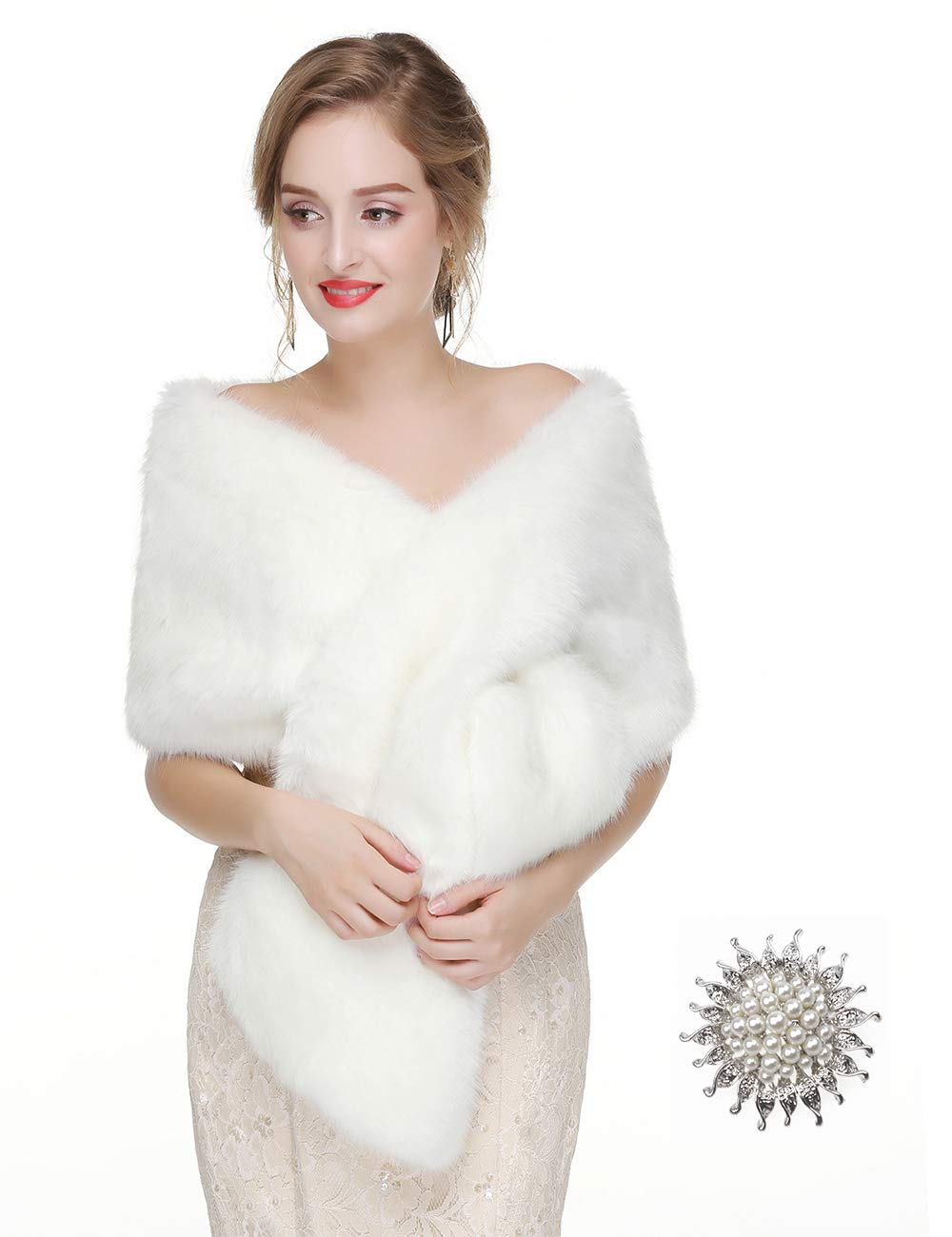 Anglacesmade Bridal Faux Fur Wrap Wedding Fur Stole with Brooch Evening Party Warm Shrug Cape, White, One Size