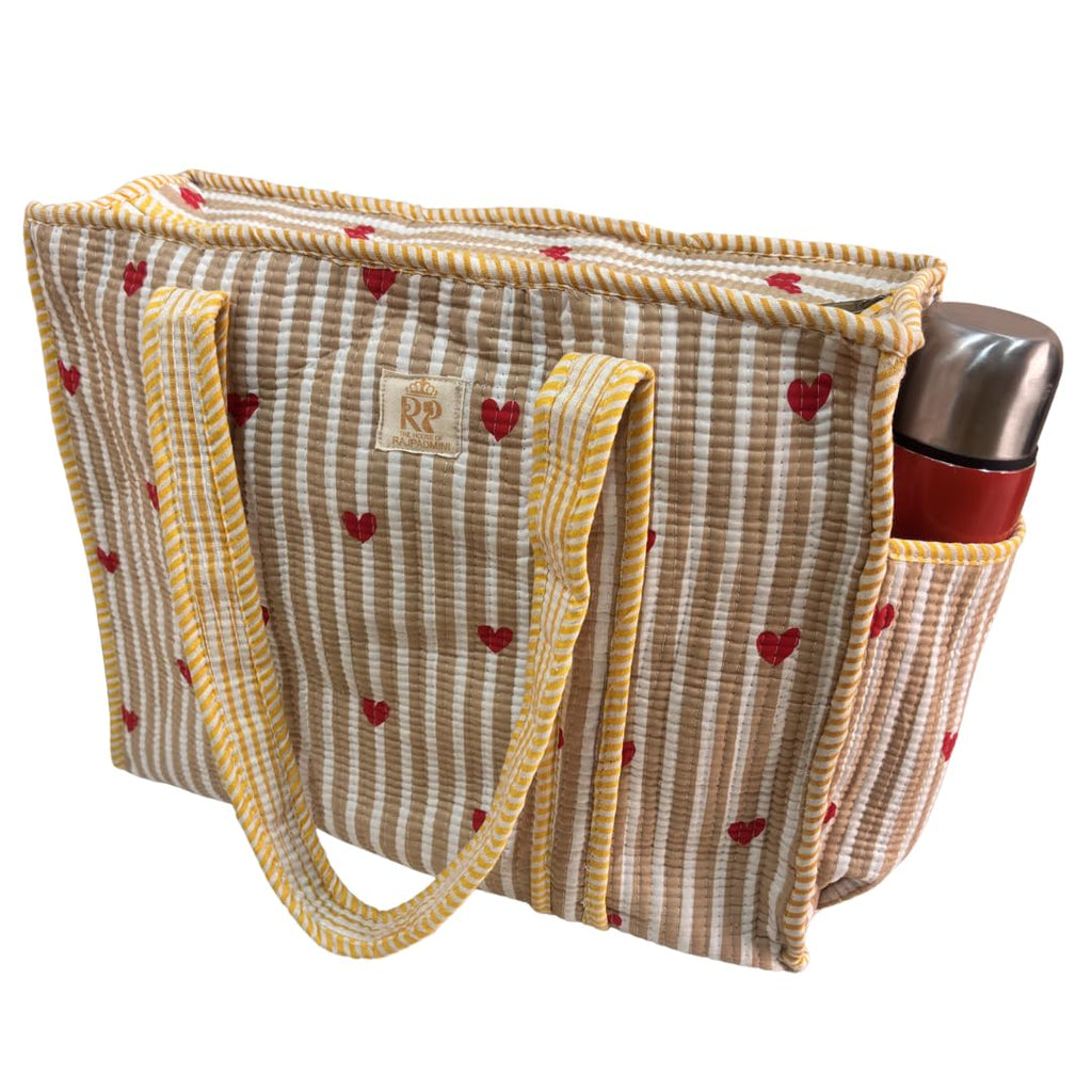 The House of RajPadmini Floral Quilted Cotton Shopping Tote Bag, 16x16 inches, Striped Trim, External Bottle Pocket (Heart Beige (250 GSM Cotton))