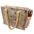The House of RajPadmini Floral Quilted Cotton Shopping Tote Bag, 16x16 inches, Striped Trim, External Bottle Pocket (Heart Beige (250 GSM Cotton))