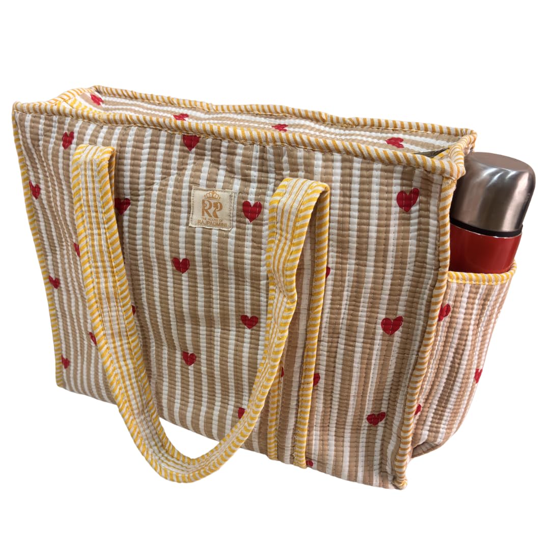The House of RajPadmini Floral Quilted Cotton Shopping Tote Bag, 16x16 inches, Striped Trim, External Bottle Pocket (Heart Beige (250 GSM Cotton))