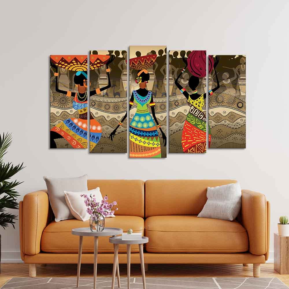 VIBECRAFTS Premium Canvas Wall Painting of African Warli Art Set of Five Pieces For Home|Office|Living Room|Gift (PTVC5Pcs2_6634N)