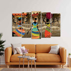 VIBECRAFTS Premium Canvas Wall Painting of African Warli Art Set of Five Pieces For Home|Office|Living Room|Gift (PTVC5Pcs2_6634N)