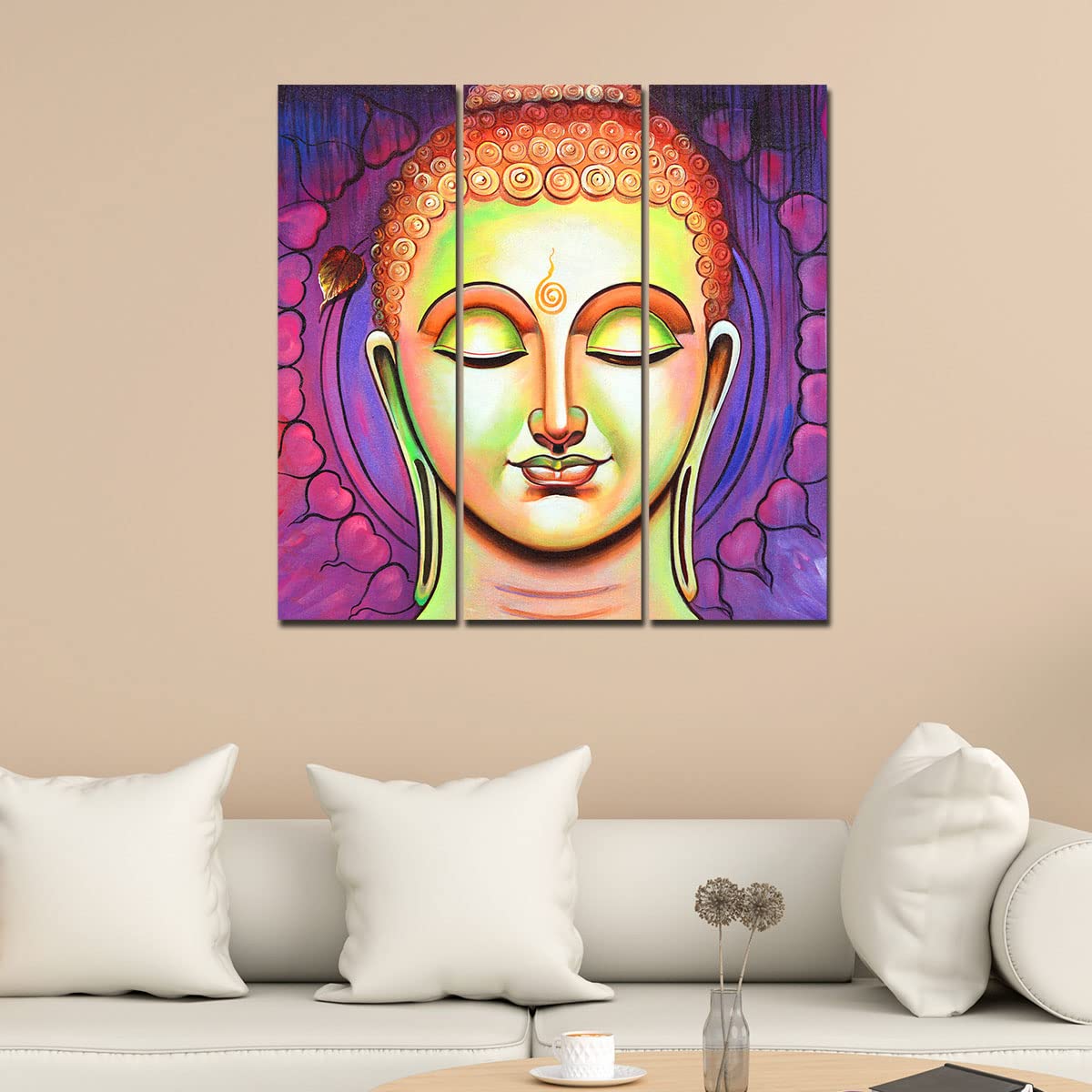 VIBECRAFTS Buddha Meditating 3 Pieces Canvas Wall Painting Fitted With Wooden Frame For Home | Office | Living Room | Gifts (PTVC3Pcs1_9594)