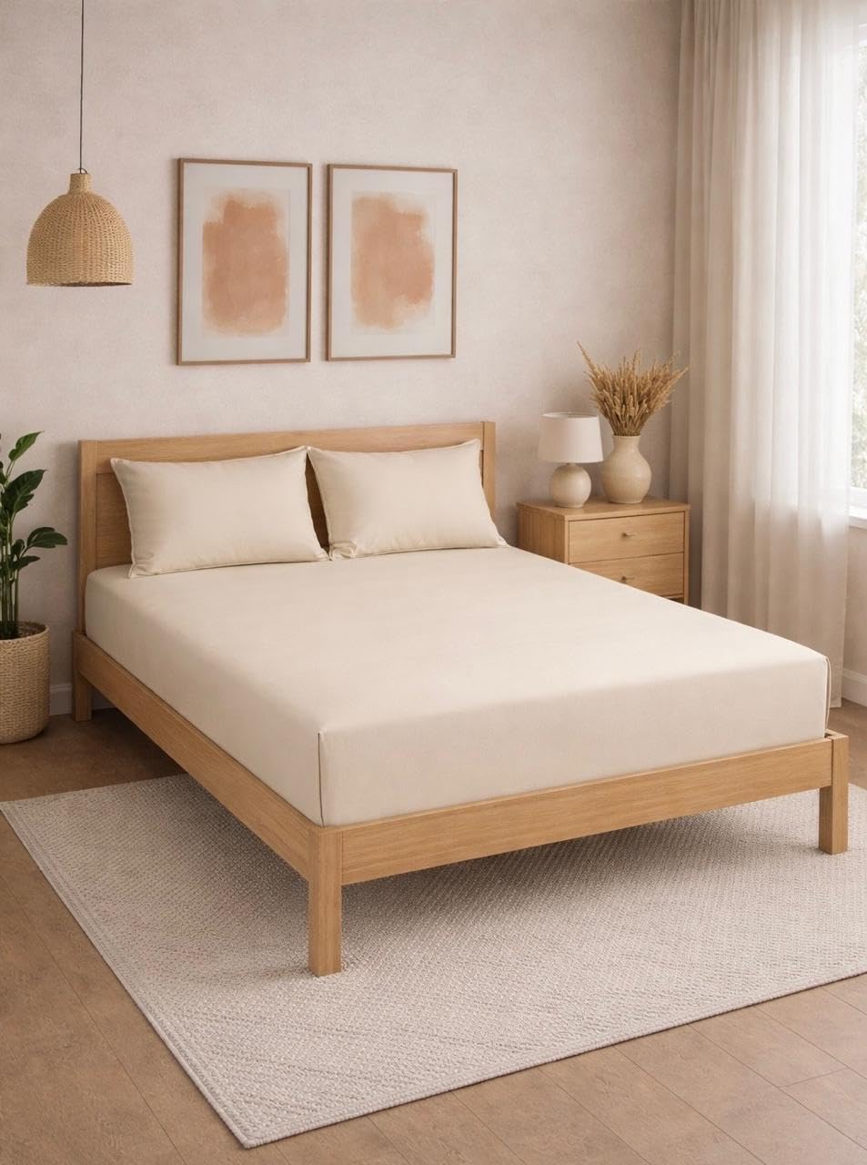 THE HOME STYLE Solid Cotton Feel Pillow Covers (18 x 28 inches, Set of 2 Pcs) | 300 TC | Super Soft & Smooth (Cream)