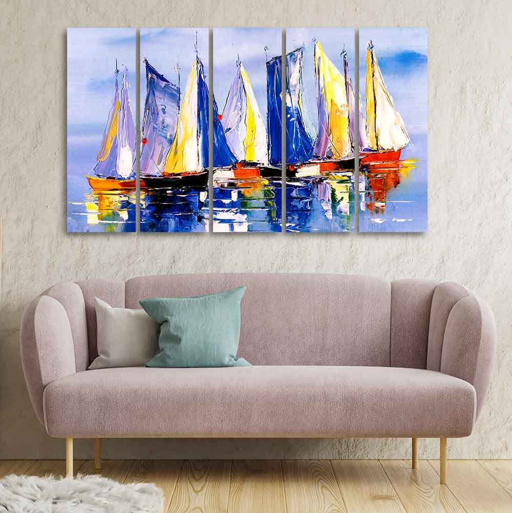 VIBECRAFTS Boats in Ocean 5 Pieces Canvas Wall Painting For Home | Office | Living Room | Gift (PTVC5Pcs4_8521)