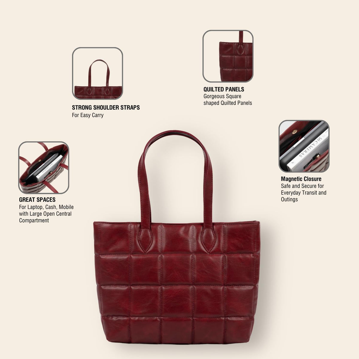 The Gusto Genuine Vegan Leather Quilted Womens|Ladies Stylish Shoulder Bag|Tote Bag|Hand Bag with Zip for Casual|Office|College|Travel Use-(Maroon Color)
