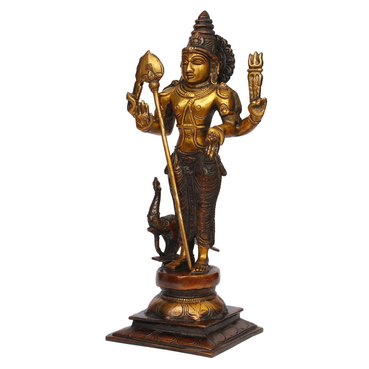 ARTVARKO Brass Lord Murugan Kartikeya Murugana Kumaraswamy Karthikeya Standing Idol Swaminatha Skanda Murti Brown & Gold 12 Inch