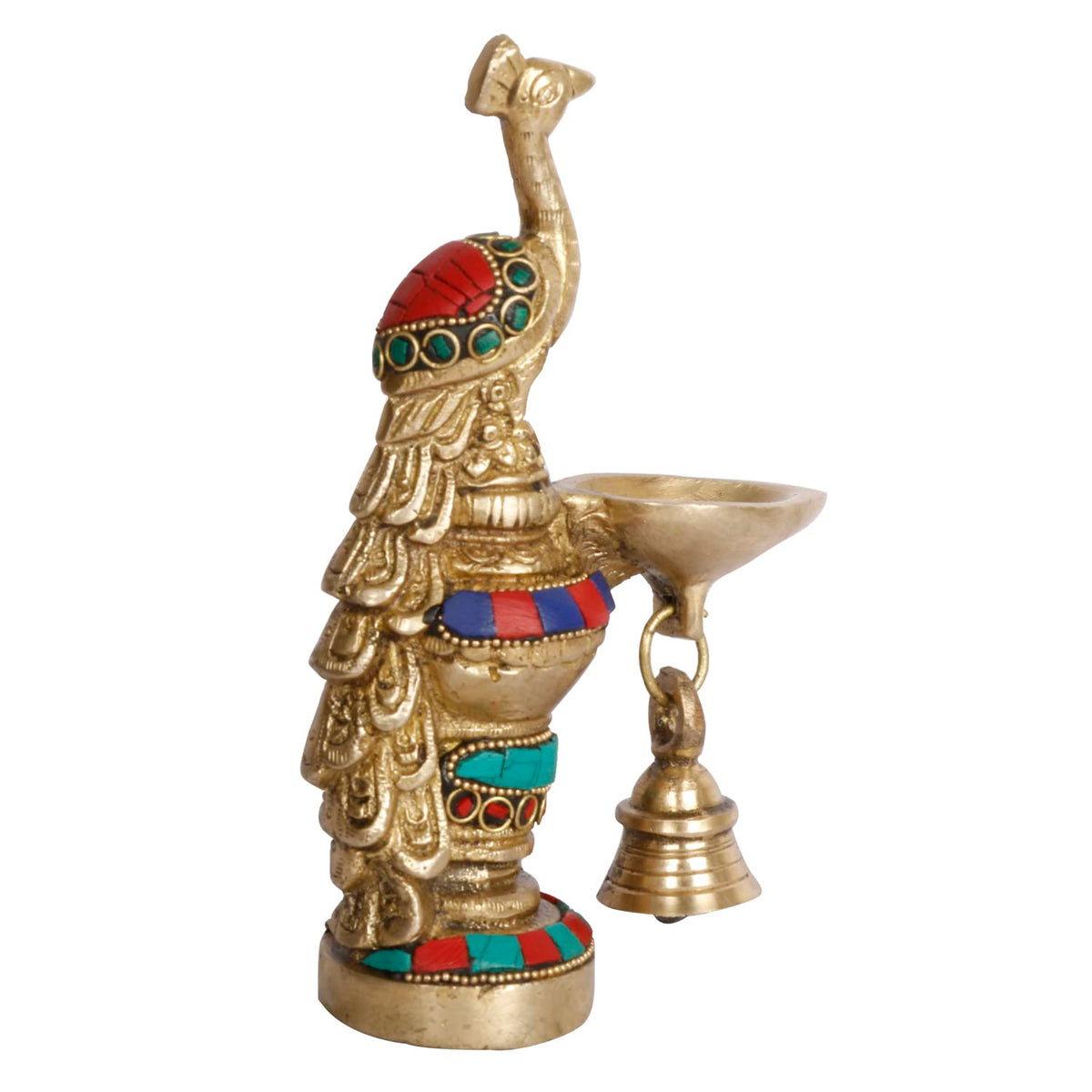 Artvarko Peacock Diya with Bell Brass Multicolor Stone Handwork Table Décor for Home Diwali Gift Temple Pooja Gold Color Height 6.5 Inch