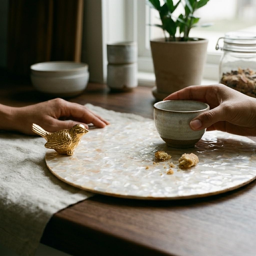 Mother of Pearl Round Tray with Gold Bird Handle | Premium Decorative Serving Tray for Home Décor, Coffee Table & Dining | Luxury Platter for Serving, Display & Gifting