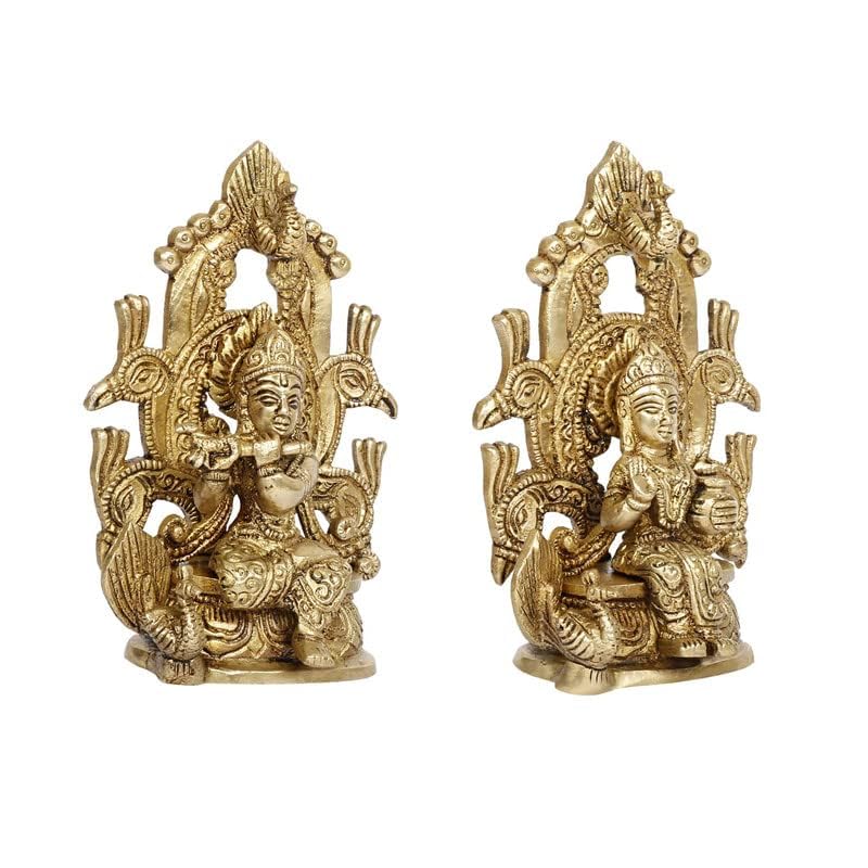 SVARUP Brass Radha Krishna Murti on Singhasan in Gold Color Height 6 Inch