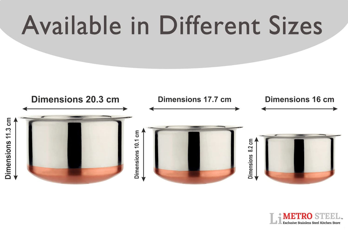 LIMETRO STEEL 22 Gauge Multi-Purpose Cook and Serve Use Tope Set with Lid (Copper Base, Set of 3)