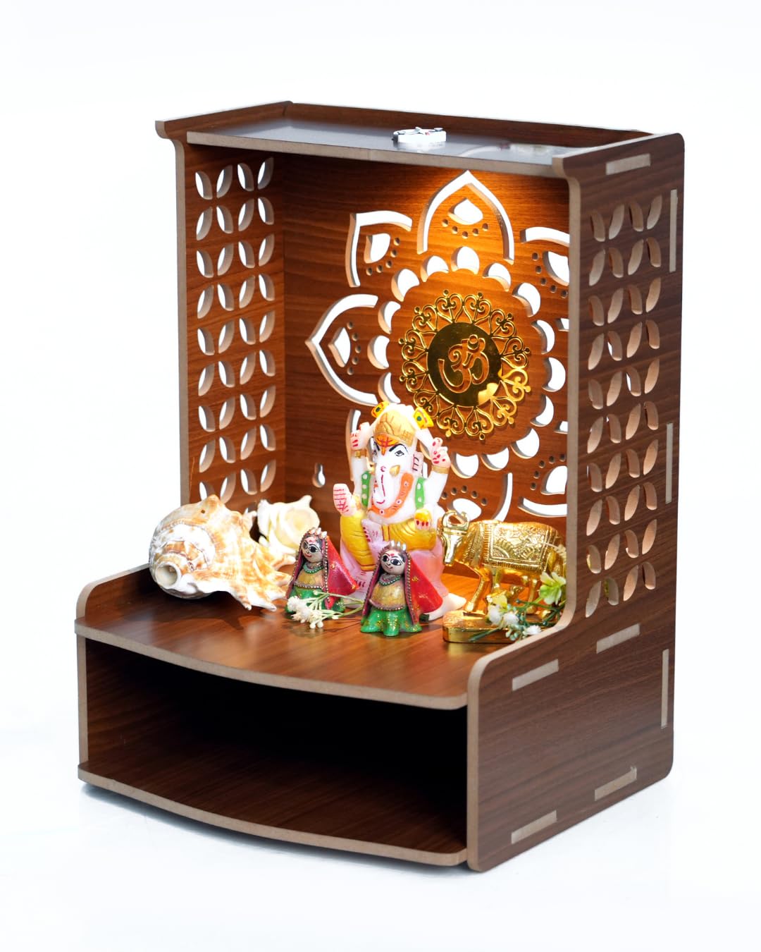 PIXELCRAFTS Wooden Temple Puja Mandir Art and Craft Temple for Home Shop Office with LED SPOT Light. (Size – H 15.5X L 11.5 x W 10.5 inch)
