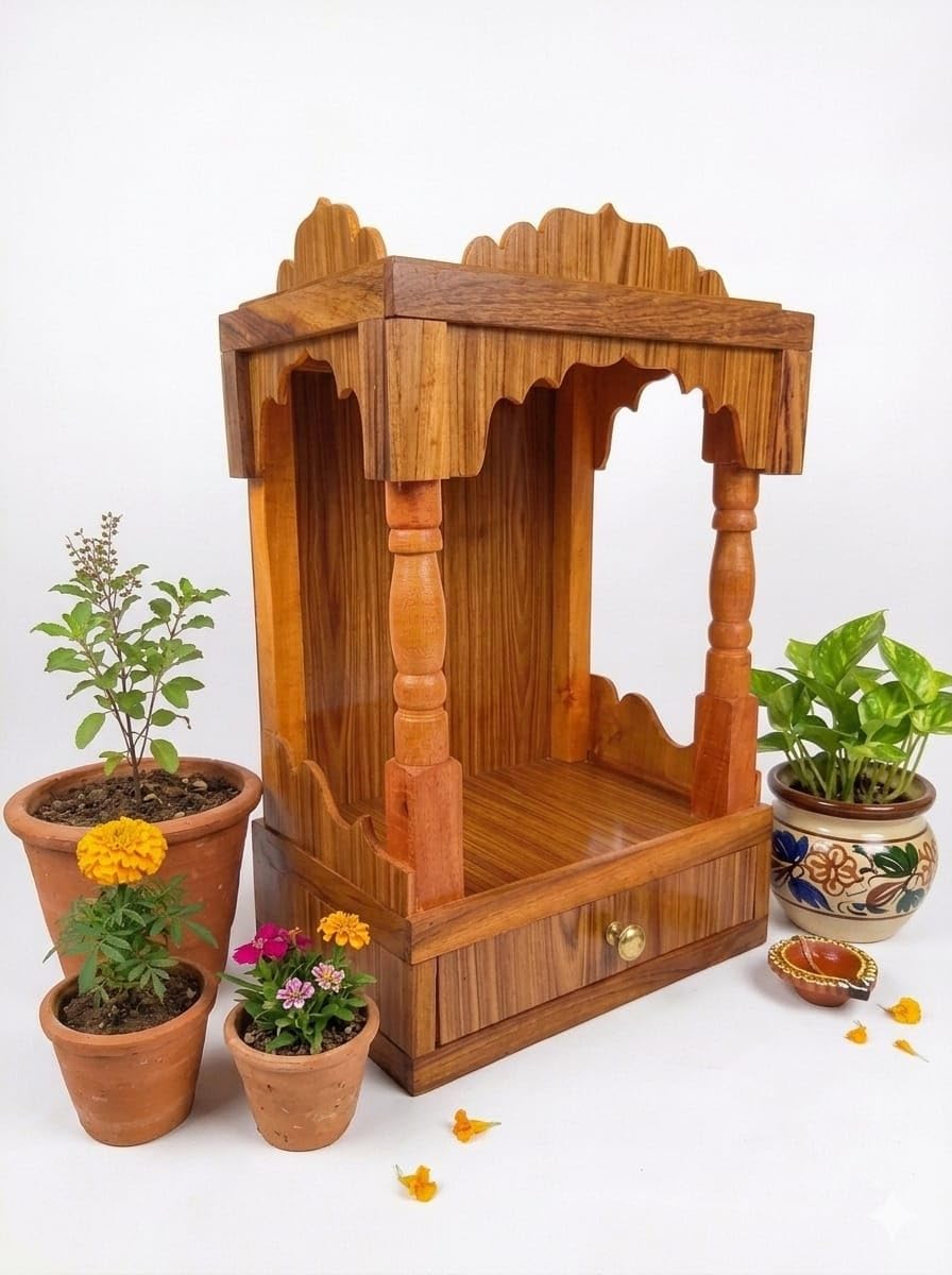 Handcrafted Wooden Temple for Home Pooja Mandir with Drawer Traditional Sheesham Finish Decorative Compact Prayer Shelf Stand