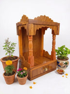 Handcrafted Wooden Temple for Home Pooja Mandir with Drawer Traditional Sheesham Finish Decorative Compact Prayer Shelf Stand