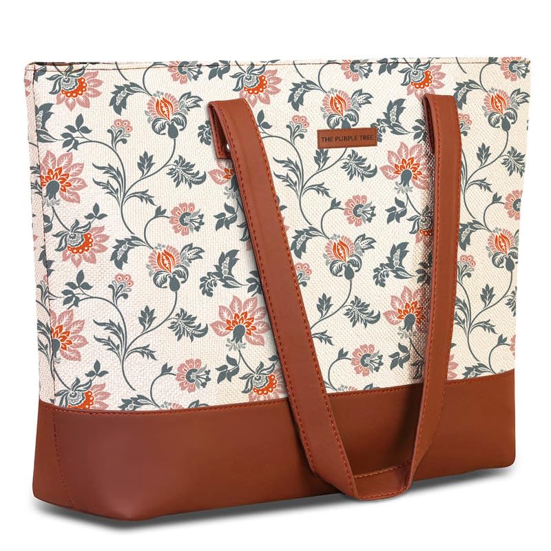 The Purple Tree Womens Handbag with Vegan Leather Handles, Floral Shoulder Bag for Office and College, Oversized Contemporary White