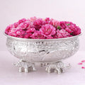 Kaari Tales Silver Decorative Metal Urli Bowl with Elephant Base | Metal Bowl for Home Entrance, Living Room, Puja Room, Housewarming, Festive Centerpiece & Diwali Decoration