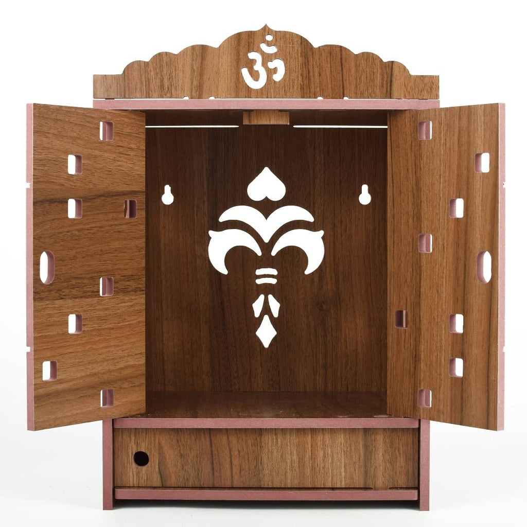 Lakhaji Handmade Beautiful MDF Wooden Home & Office Temple, Pooja Mandir, Wall Hanging and Table Top Home Temple with foldable design and LED Light (brown-2)