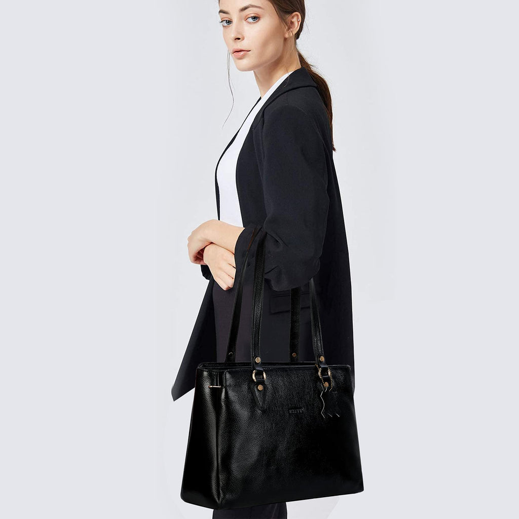 Richsign Leather Accessories Full-Grain Natural Leather Top-Handle Satchel Handbags & Shoulder Tote Bags For Women (Dimension- L-13 X H-10 X W- 5 Inch, Weight- 0.8kg / 800g (Black)