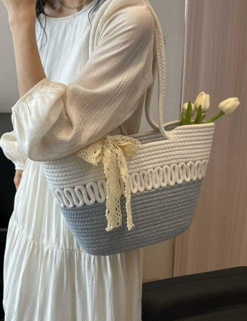 DYARCHY Cotton Rope Jute Tote Bags for Women with Zip, Shoulder Handbag Beach Tote Bag (Grey & White)