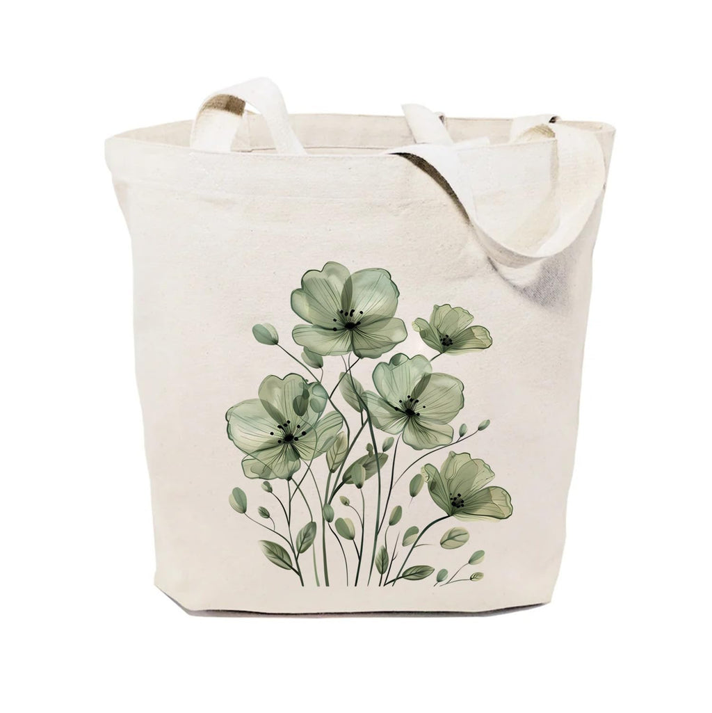 Heu Green Floral Printed Canvas Tote Bag | Eco-Friendly Reusable Cotton Shoulder Bag | Minimal Botanical Design Shopping Tote for Women & Men