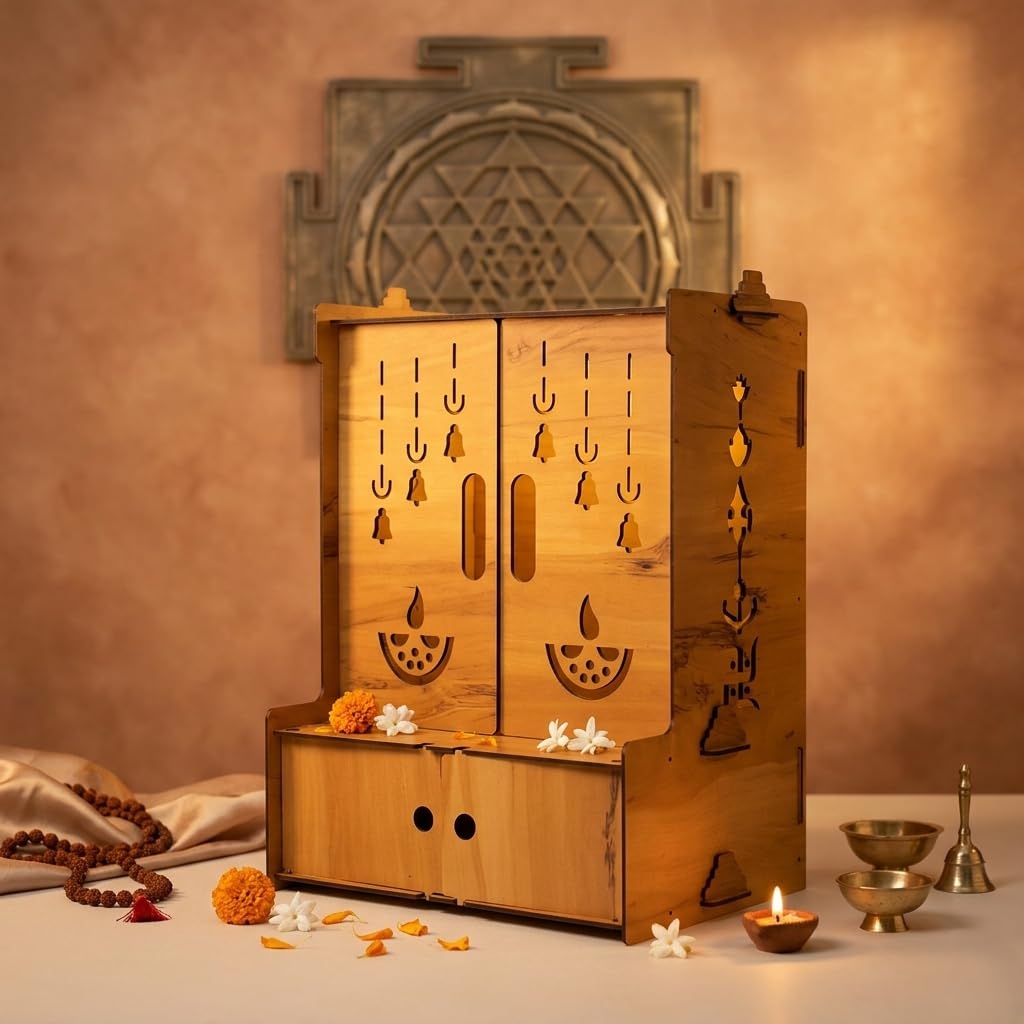 Privla Wooden DIY Home Temple with Door & Drawer Pooja Mandir Engineered Wood Pooja Mandir | Lord Ganesh JI Design | Wall Hanging & Floor Resting Mandir (Brown Pack of 1) (241-WD-02-RAM JI)