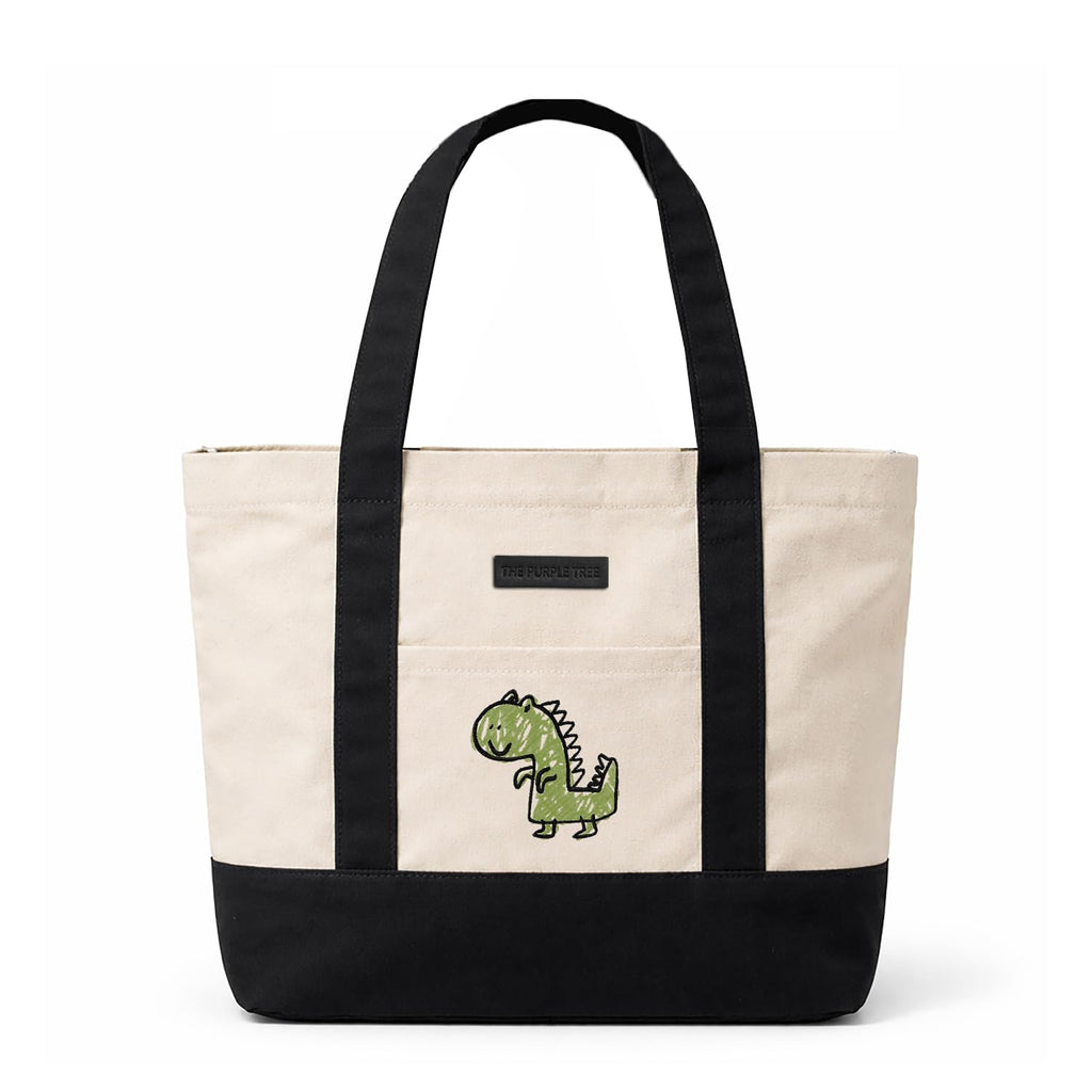 The Purple Tree Cotton Beach Tote Bag for Women, Large Capacity Beach Bag, Ecofriendly Beach Tote with Embroidered Detail on Pocket (Crayon Dinosaur)