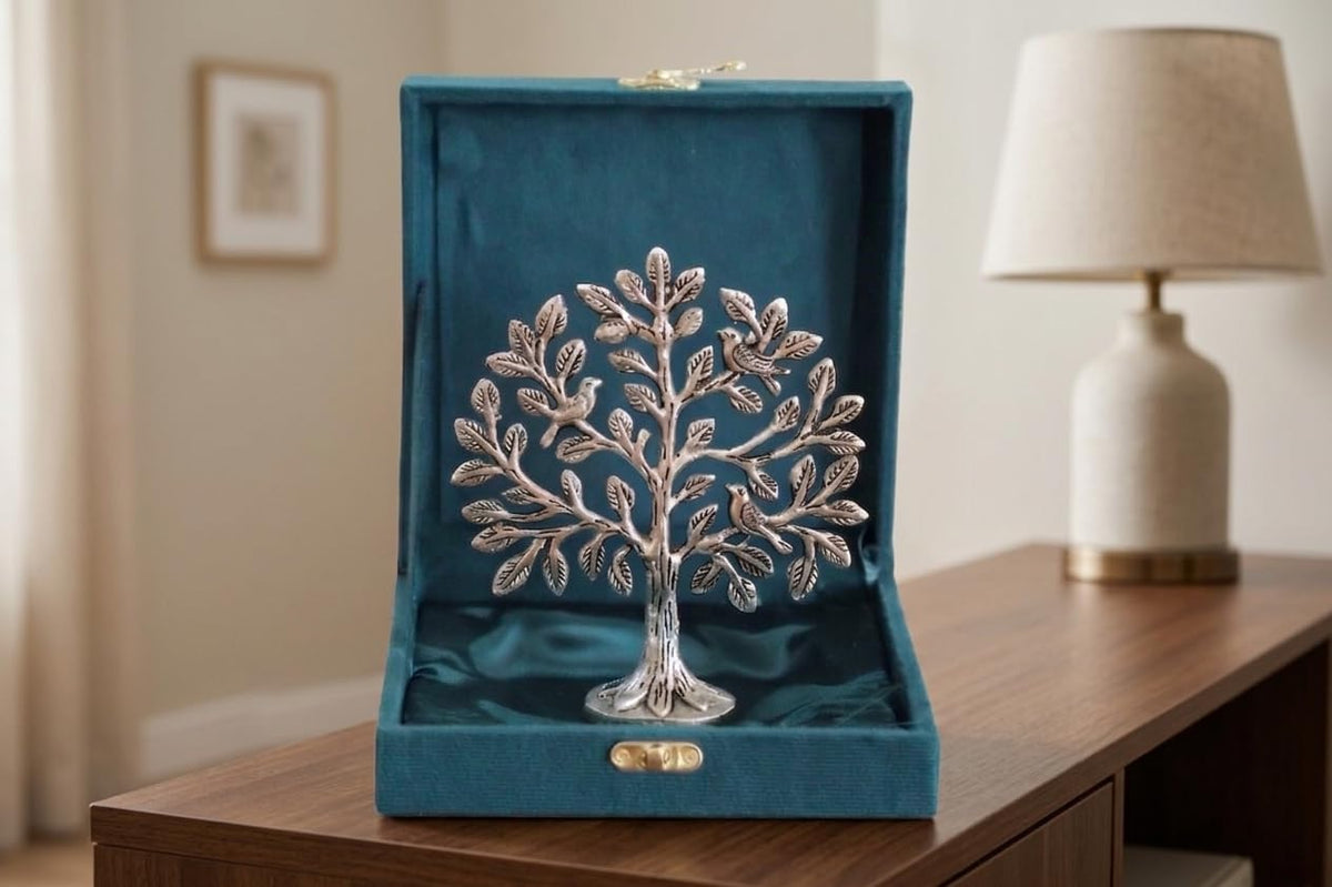 Metal Kalpavriksha Tree for Home Decor - Golden Wish Fulfilling Tree Metal Showpiece for Temple, Vastu, Office Table & Gifting Banyan (No 0 Silver with Box)