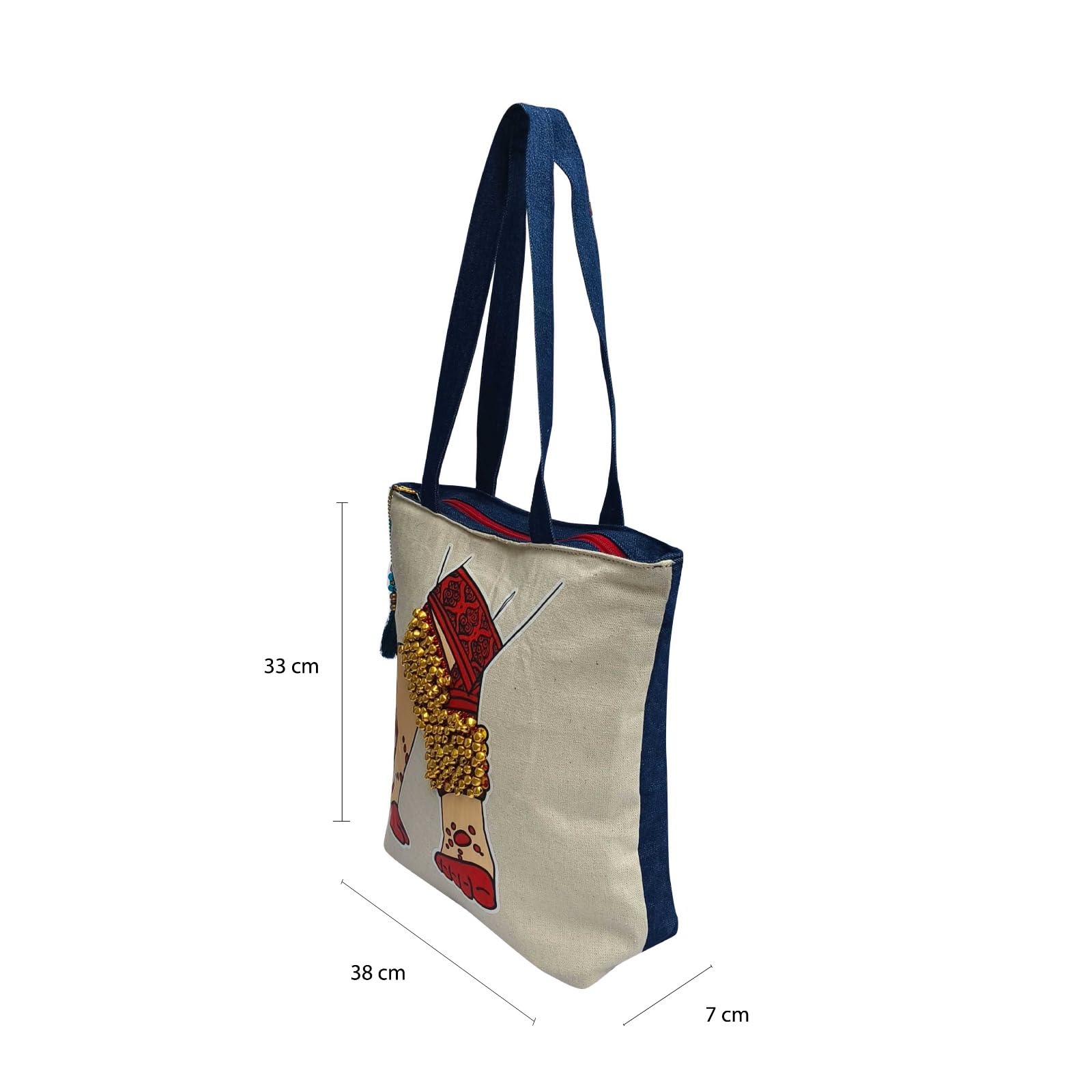 The Purani Jeans Denim Tote Bag with Hand-Printed Design and Real Ghungroos - Handbag for Women & Girls - Ideal for Office, College, Travel, Shopping Bag with Zipper
