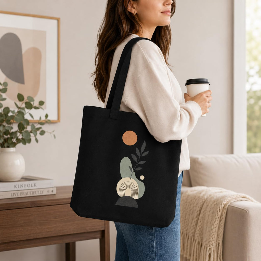 Craftwood Black Canvas Tote Bag, Casual Shoulder Bag for Daily Use, Large Canvas Tote Bag for Women, Tote Handbags for Women with Zipper & Inner Pocket for College, Shopping, Office (Black sun)