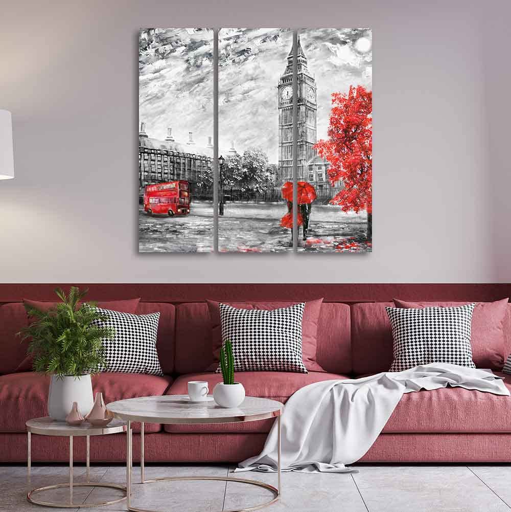 VIBECRAFTS 3 Pieces Beautiful View Of London Canvas Wall Painting Fitted With Wooden Frame For Home | Office | Living Room | Gifts (PTVC3Pcs1_9510)