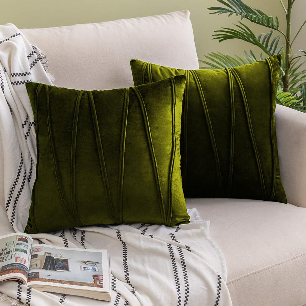 Khooti Velvet Striped Cushion Cover Pack of 1-24X24/61X61 Cm | Mehandi | Soft Pillow Covers Cushion Case for Sofa Bedroom Living Room Chair Car, Cushion Cover with Zig Zag Pattern