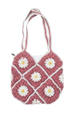 ATICUE Handcrafted Stylish Cotton Yarn Handknitted Crochet Bag with with Lining and Zipper Closure for Women (9x10 Inch) (Red)
