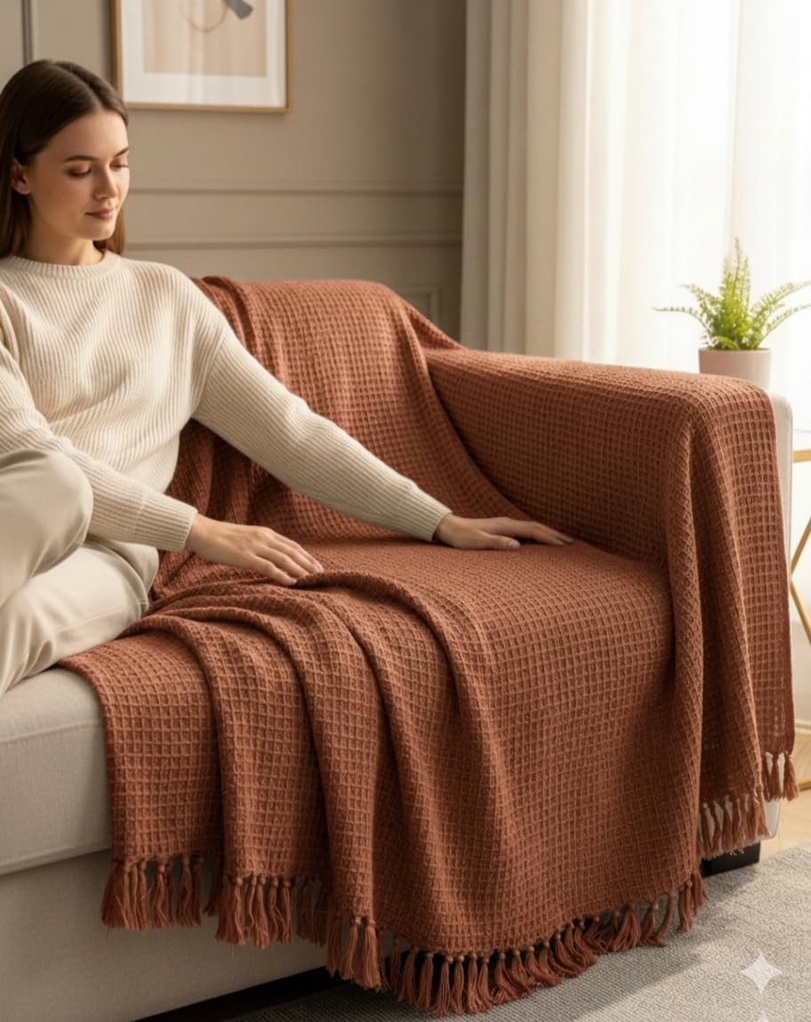 HAKAM Cotton Handloom Waffle Slub Throw Blanket for Sofa & Bed | Soft Lightweight Brown Decorative Throw with Tassels | All-Season Cosy Couch & Bed Throw (125×150 cm) Kafalo