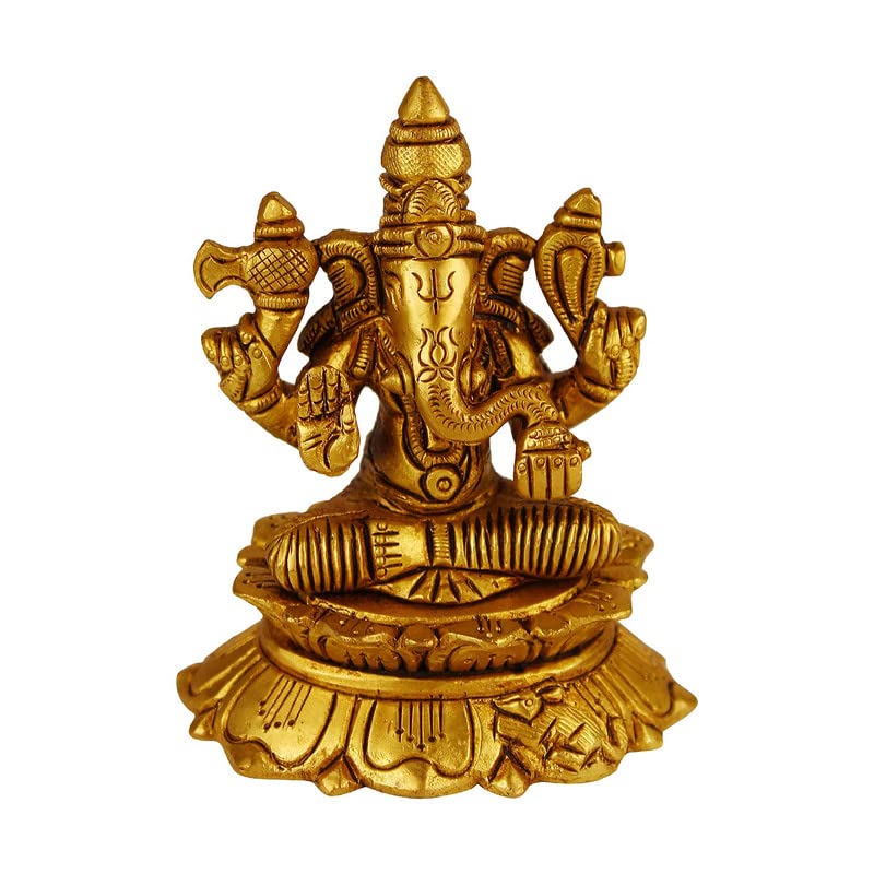 Svarup Brass Sitting Ganesha Idol in Gold Color Height 5 Inch Weight 0.37 Kg