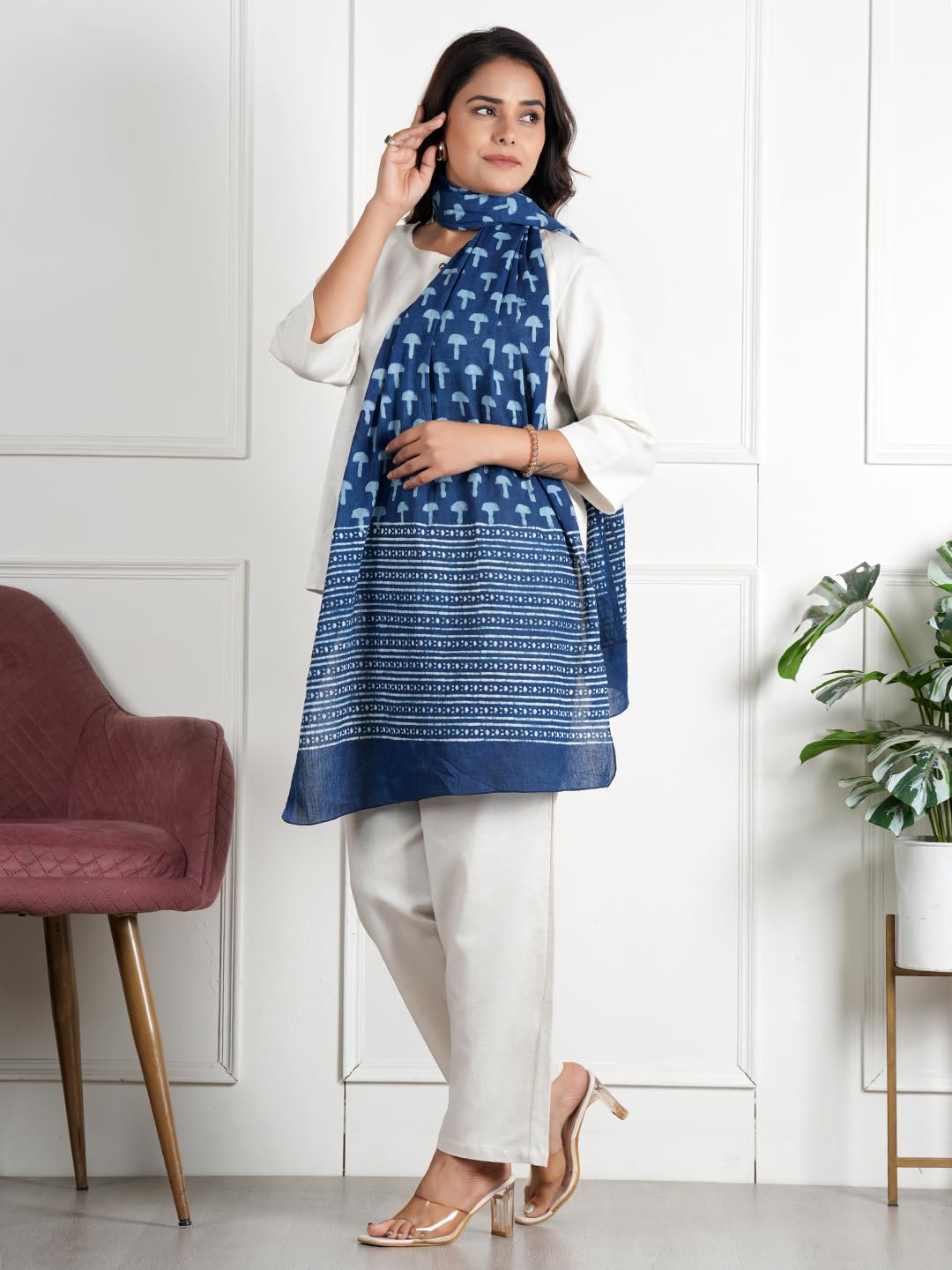 RAI SAHAB Women's Cotton Hand Block Printed Casual Stoles/Scarf(ST-73BLUE10)