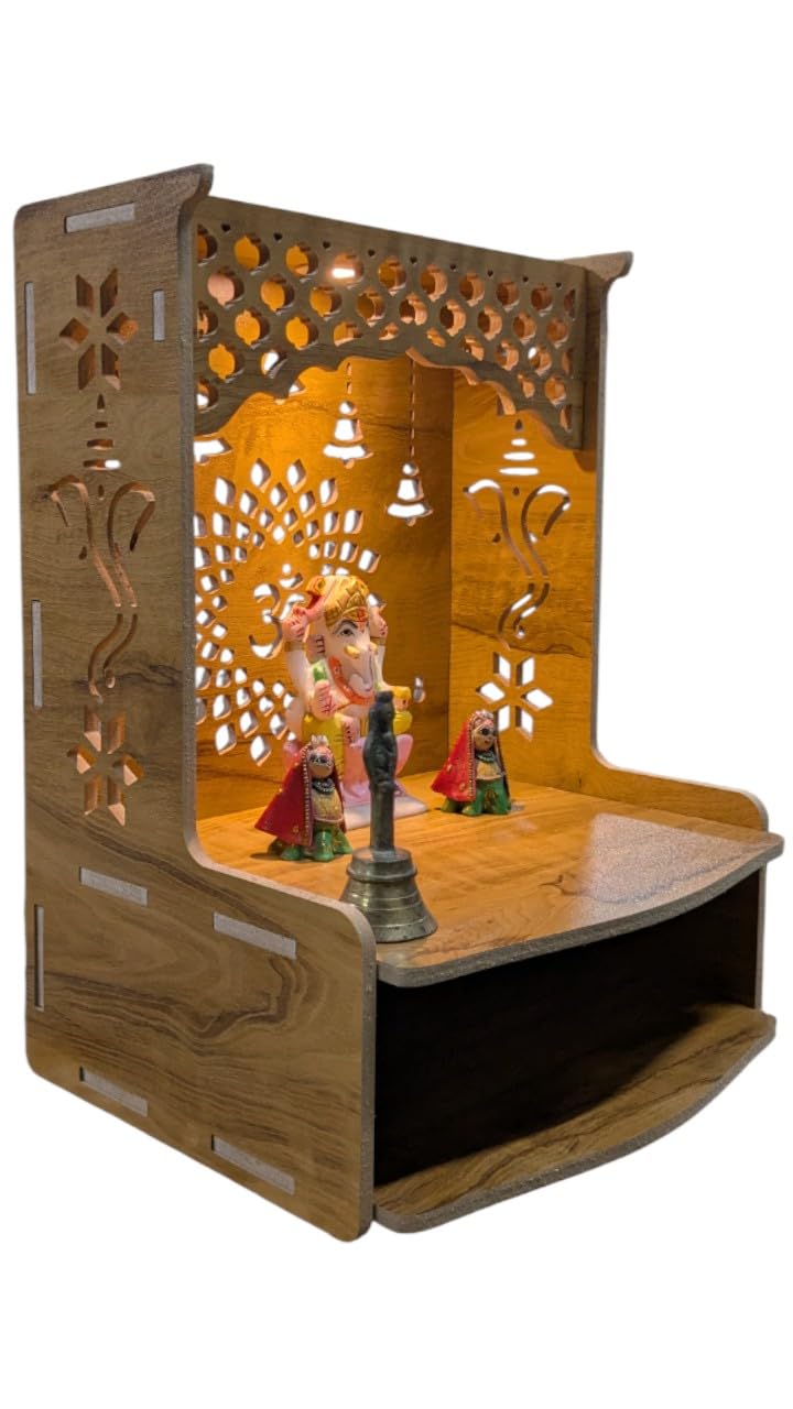 PIXELCRAFTS Wooden Temple Puja Mandir Art and Crafts Temple for Home Shop Office with LED SPOT Light. (Size – H 15.5X L 11.5 x W 11 inch)