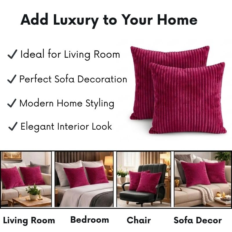 RD TREND® Cushion Cover Set of 2, Decorative Sofa Living Room Home Square Cushion Covers 24 Inch x 24 Inch, Aesthetic Corduroy Striped Double Sided (Magenta)