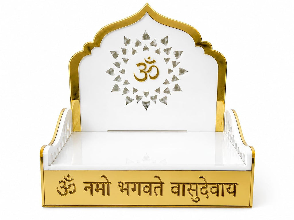 Acrylic Pooja Singhasan for Home Temple | White & Gold Mandir Chowki with Om Design | Krishna Laddu Gopal Singhasan | Decorative Acrylic Temple Seat for Pooja Room & Festive Decor. (5 * 6)