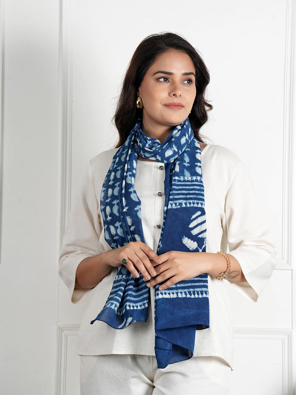 RAI SAHAB Printed Cotton Scarf for Women, Lightweight Soft Scarves Stoles for Summer & Winter(ST-80BLUE10)