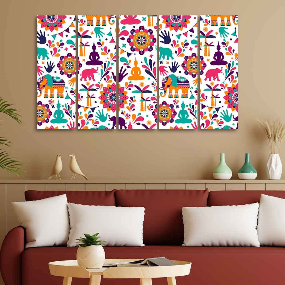 VIBECRAFTS Beautiful Madhubani Art Canvas Wall Painting Set of Five For Home|Office|Living Room|Gift (PTVC5Pcs4_8574N)