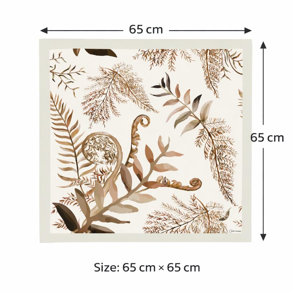 AMN Trendzz Satin Silk Scarf for Women, Stylish Satin Scarf 65×65 cm Square, Scarf for Women Elegant Head and Neck Accessory for Fashion, Travel and Gifting. (Botanical Fern – Beige & Brown)