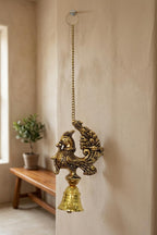 KridayKraft Decorative Peacock Design Hanging Bell for Home Decor, Antique Gold Finish Metal Door Hanging, Spiritual Wall Hanging for Living Room, Entrance & Temple - 35 cm Length