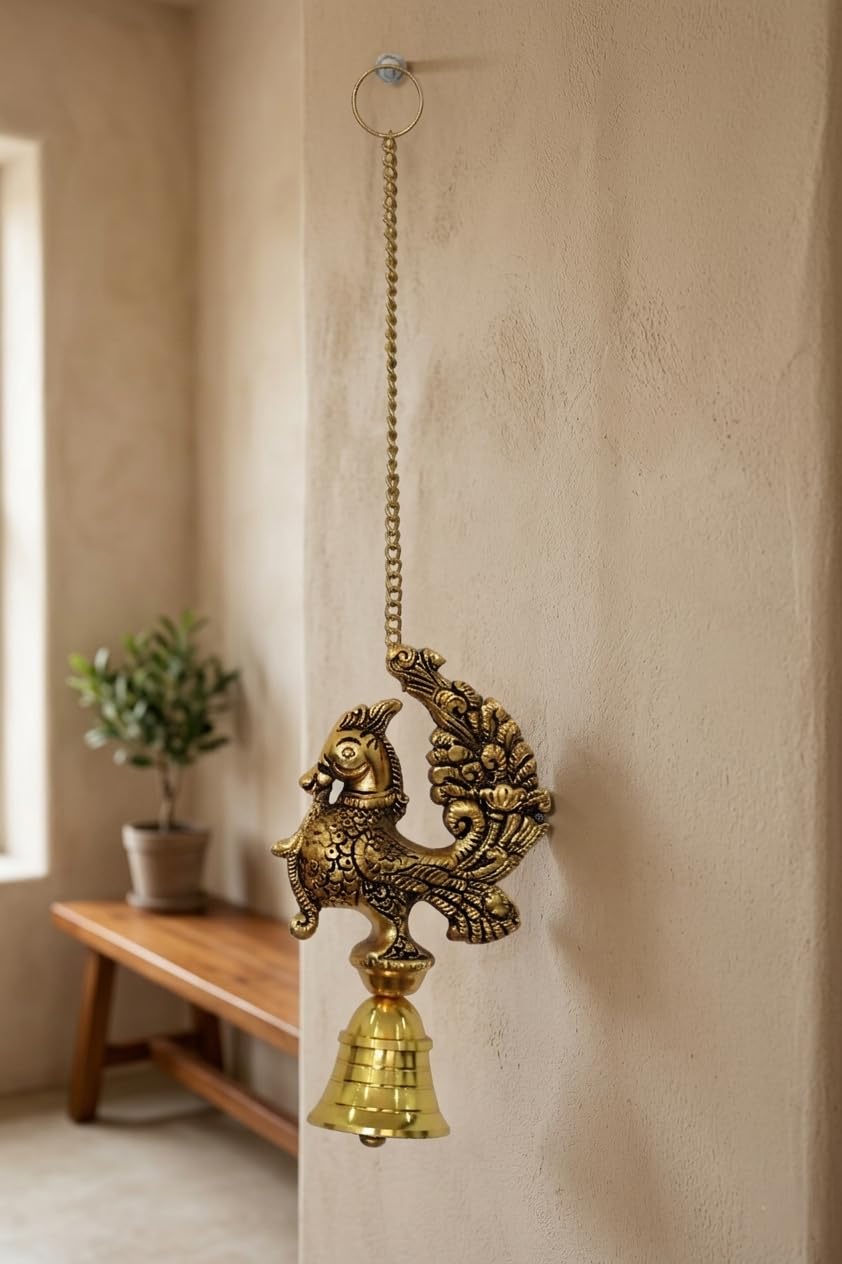 KridayKraft Decorative Peacock Design Hanging Bell for Home Decor, Antique Gold Finish Metal Door Hanging, Spiritual Wall Hanging for Living Room, Entrance & Temple - 35 cm Length