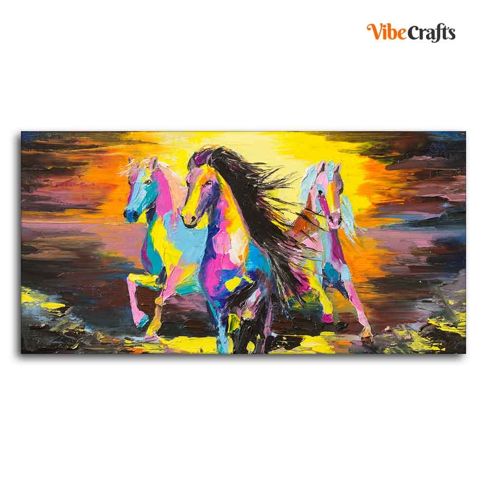 VIBECRAFTS Premium Running Horses Canvas Wall Painting Abstract Art With Frame for Living Room Drawing Room Home|Office|Gift (PTVCH_2202N)
